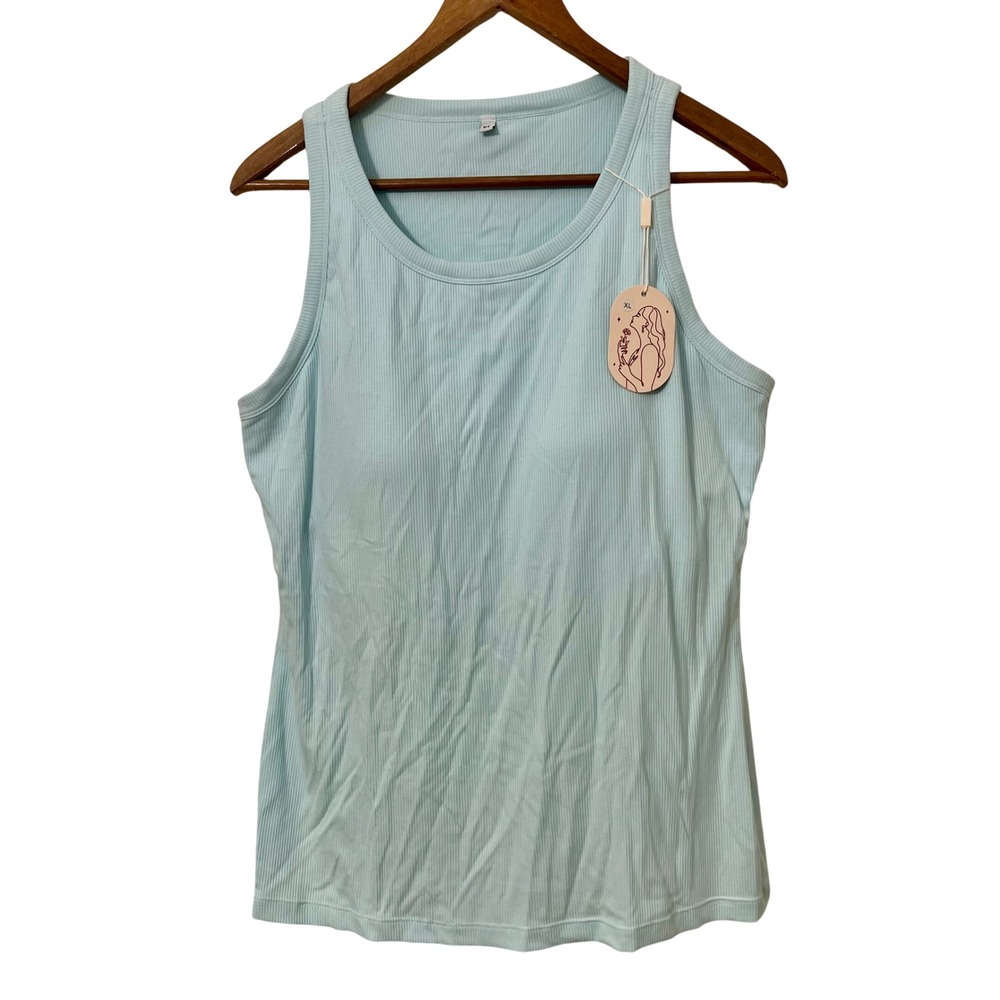 Light Blue Ribbed Tank Top with Built-in Bra Scoop Neck XL Athleisure Pastel